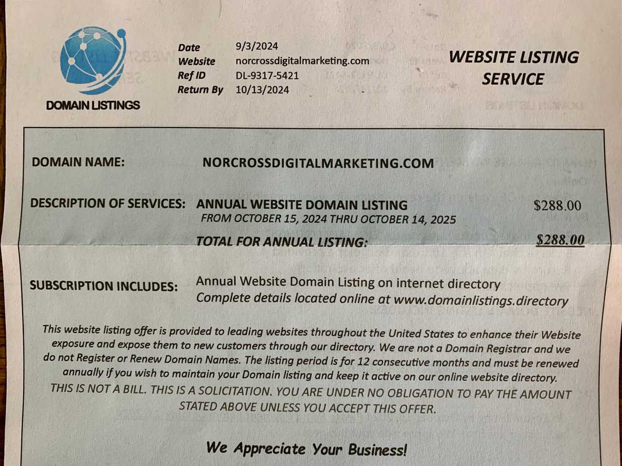 Domain Listing Scams Letter